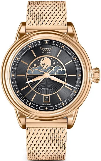 Aviator Douglas Moonflight Moonphase Rose Gold PVD Mesh V13322535