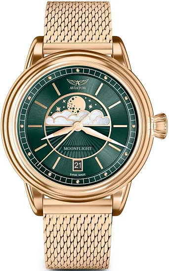Aviator Douglas Moonflight Moonphase Rose Gold PVD Mesh V13322635