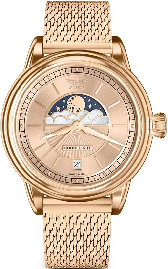 Aviator Douglas Moonflight Moonphase Rose Gold PVD Mesh V13322605