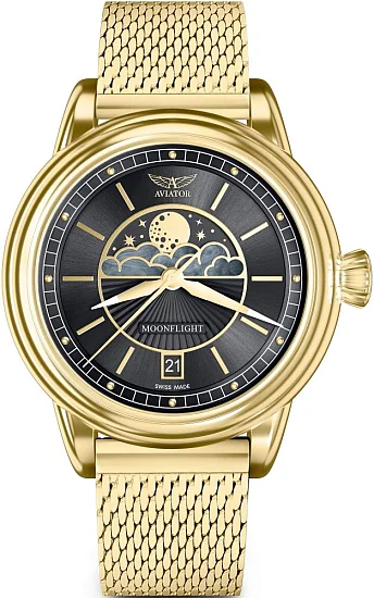Aviator Douglas Moonflight Moonphase Yellow Gold PVD Mesh V13313445