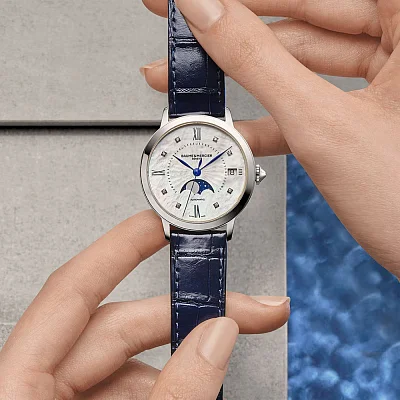 Baume & Mercier Classima Lady Automatic Moonphase Date Leather Strap Pearl White Dial Diamonds M0A10633