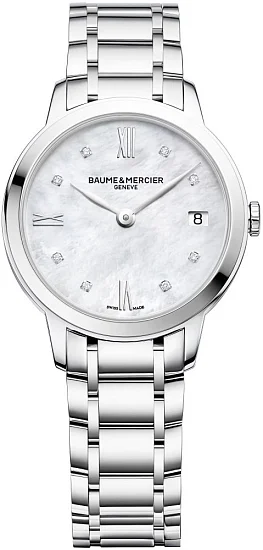 Baume & Mercier Classima Lady Quartz Date Steel White Pearl Dial Diamonds M0A10326