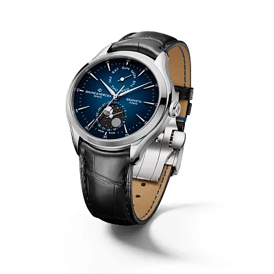 Baume & Mercier Clifton Gent Baumatic Moonphase Day-Date Leather Strap Blue Dial M0A10593