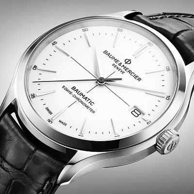 Baume & Mercier Clifton Gent Baumatic Leather Strap White Dial Date COSC Chronometer M0A10518