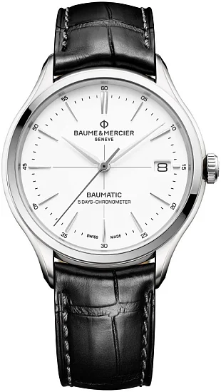 Baume & Mercier Clifton Gent Baumatic Leather Strap White Dial Date COSC Chronometer M0A10518