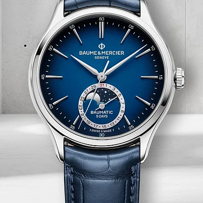 Baume & Mercier Clifton Gent Baumatic Moonphase Date Leather Strap Blue Dial M0A10756