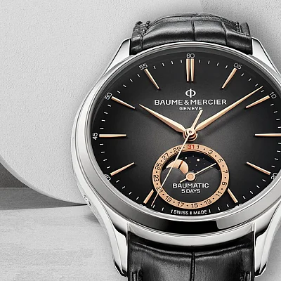 Baume & Mercier Clifton Gent Baumatic Moonphase Date Leather Strap Grey Dial M0A10758