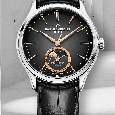 Baume & Mercier Clifton Gent Baumatic Moonphase Date Leather Strap Grey Dial M0A10758