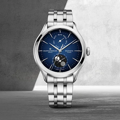 Baume & Mercier Clifton Gent Baumatic Moonphase Day-Date Steel Blue Dial M0A10725
