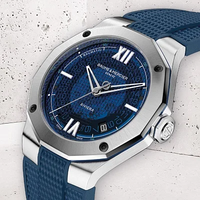 Baume & Mercier Riviera Gent Baumatic Date Rubber Strap Semi-Skeleton Blue Dial M0A10701