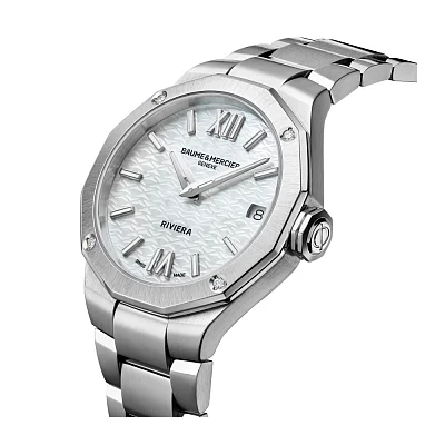 Baume & Mercier Riviera Lady Quartz Date Steel Pearl White Dial Diamonds M0A10729
