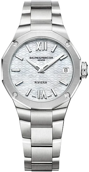 Baume & Mercier Riviera Lady Quartz Date Steel Pearl White Dial Diamonds M0A10729