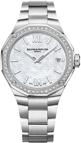 Baume & Mercier Riviera Lady Quartz Date Steel Pearl White Dial Diamonds M0A10662