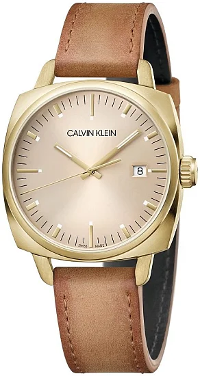 CALVIN KLEIN Gent Swing Beige Dial Brown Leather Champagne PVD K9N115GH