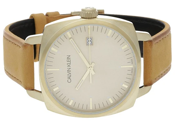 CALVIN KLEIN Gent Swing Beige Dial Brown Leather Champagne PVD K9N115GH
