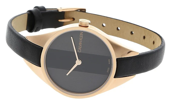 CALVIN KLEIN Lady Rebel Black Leather Rose Gold PVD K8P236C1