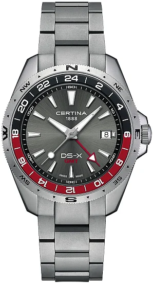 Certina DS-X GMT Anthracite Dial Black-Red Bezel Steel Bracelet C0474521108101