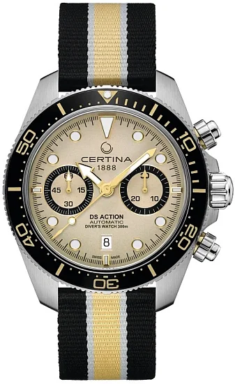 Certina DS Action Diver Bi-Compax Chrono Automatic A05 Beige Dial NATO Strap C0328271827100