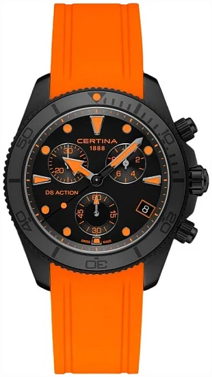 Certina DS Action Diver Chrono Black Dial Black PVD Orange Strap C0484173705103