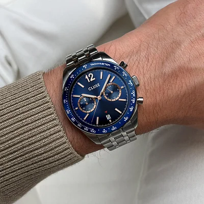 Cluse Aravis Dual Timer Steel Bracelet Blue Dial CW25601