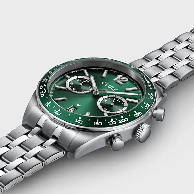 Cluse Aravis Dual Timer Steel Bracelet Green Dial CW25602