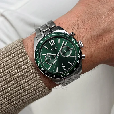 Cluse Aravis Dual Timer Steel Bracelet Green Dial CW25602