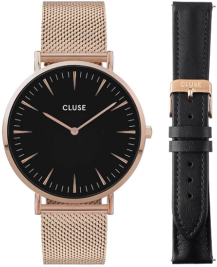 Cluse Boho Chic Rose Gold Mesh & Black Leather Gift Box Set CG10106