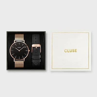 Cluse Boho Chic Rose Gold Mesh & Black Leather Gift Box Set CG10106