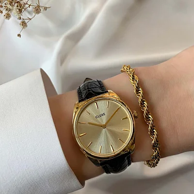 Cluse Feroce Petite Gold Black Leather Gold Dial CW11209