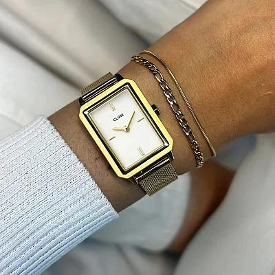 Cluse Fluette Gold Mesh Black Dial & Gold Double Bracelet Set CG11505