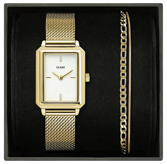 Cluse Fluette Gold Mesh Black Dial & Gold Double Bracelet Set CG11505