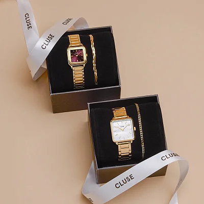 Cluse La Tetragone Gold PVD White Dial Bracelet Set CG10327