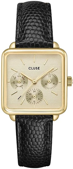 Cluse La Tetragone Multifunction Black Leather Strap Gold Dial CW13806