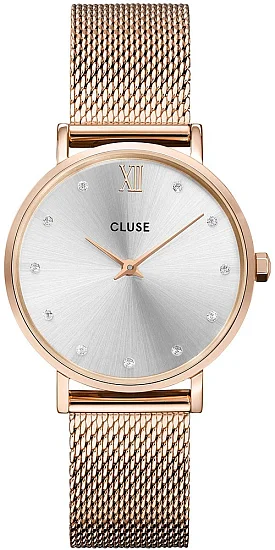 Cluse Minuit Mesh Rose Gold Silver Dial Crystals CW10205