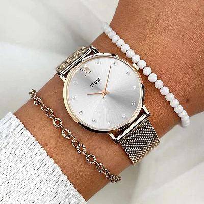 Cluse Minuit Mesh Rose Gold Silver Dial Crystals CW10205