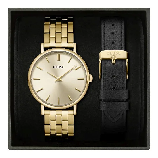 Cluse Pavane Petite Gold Dial Black Leather Strap Set CG14801