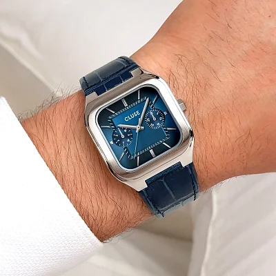 Cluse Quadrus Day-Date Blue Dial Leather Strap CW26207