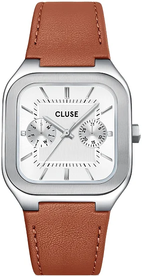 Cluse Quadrus Day-Date White Dial Leather Strap CW26208