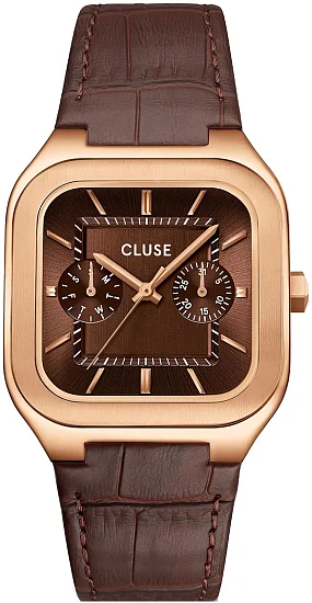 Cluse Quadrus Day-Date Brown Dial Rose Gold Leather Strap CW26206