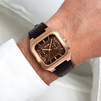 Cluse Quadrus Day-Date Brown Dial Rose Gold Leather Strap CW26206