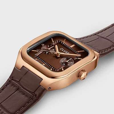 Cluse Quadrus Day-Date Brown Dial Rose Gold Leather Strap CW26206