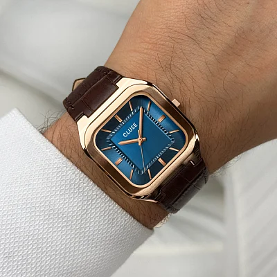 Cluse Quadrus Leather Blue Dial Rose Gold PVD CW25705