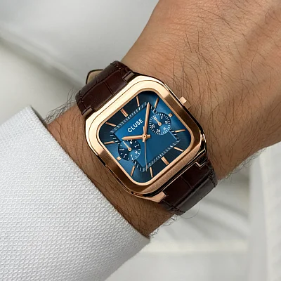 Cluse Quadrus Multifunction Day-Date Brown Leather Blue Dial CW26204