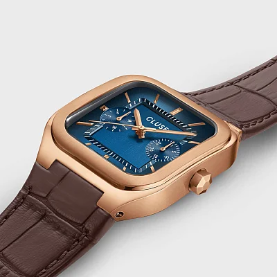 Cluse Quadrus Multifunction Day-Date Brown Leather Blue Dial CW26204