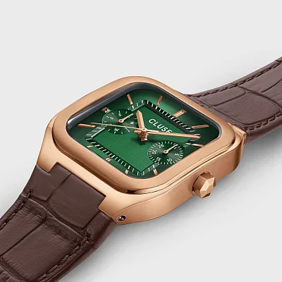 Cluse Quadrus Multifunction Day-Date Brown Leather Green Dial Rose Gold PVD CW26205