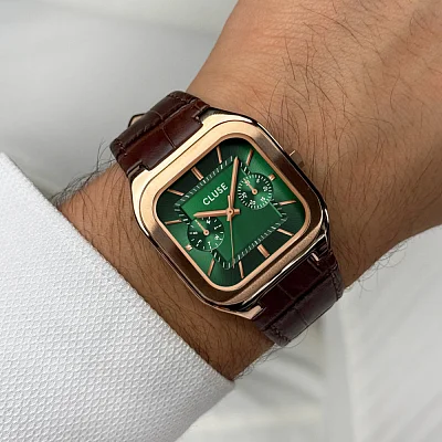 Cluse Quadrus Multifunction Day-Date Brown Leather Green Dial Rose Gold PVD CW26205