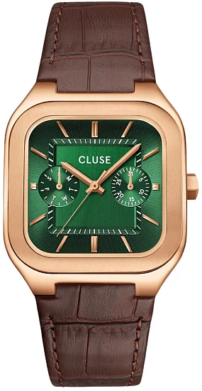 Cluse Quadrus Multifunction Day-Date Brown Leather Green Dial Rose Gold PVD CW26205