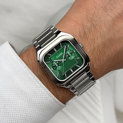 Cluse Quadrus Multifunction Day-Date Steel Bracelet Green Dial CW26202