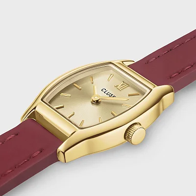 Cluse Tonnette Mini Yellow Gold Burgundy Leather Strap CW16505