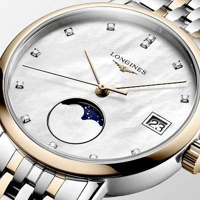 Longines Elegant Collection Lady Quartz Moonphase Diamonds 18k Gold Caps L4.330.5.87.7